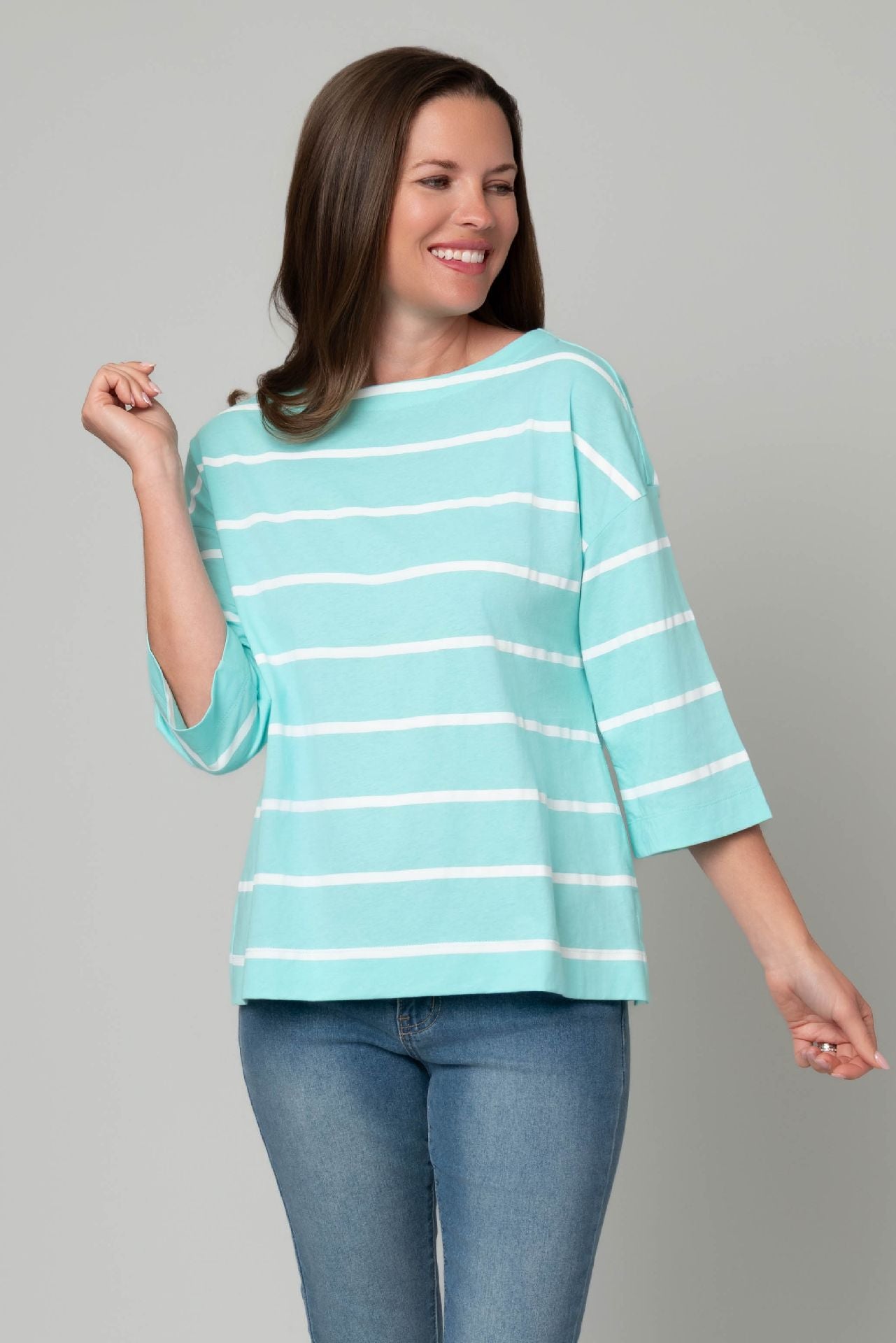 Boatneck Striped Knit 3/4 Sleeve Tee