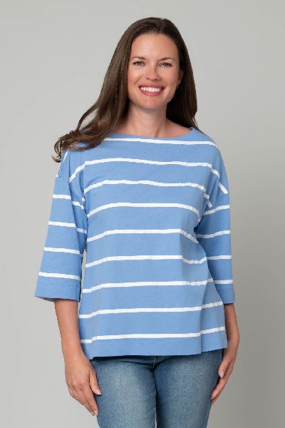 Boatneck Striped Knit 3/4 Sleeve Tee