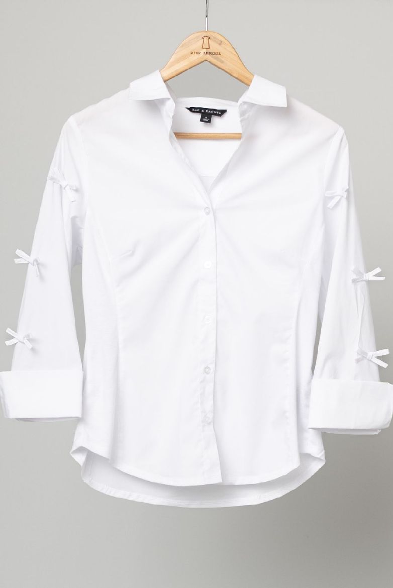 Poplin Button Front Blouse w/ Bow Details