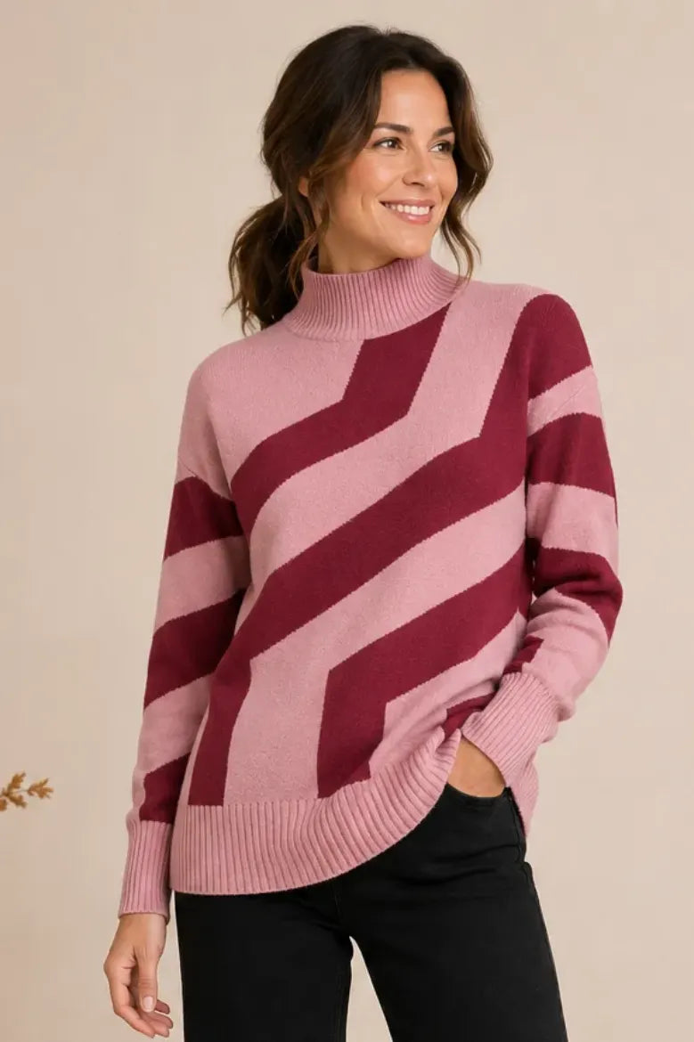 Jacquard Hi-Lo Mock Neck Tunic Sweater