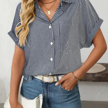 Button Down Short Sleeve Lapel Striped Casual Shirt
