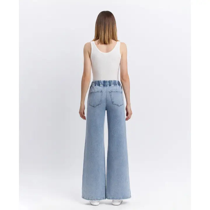 High Rise Drawstring Waistband Slit Wide Leg Jeans