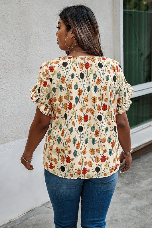 Round Neck Leaf Flounce Sleeve Blouse