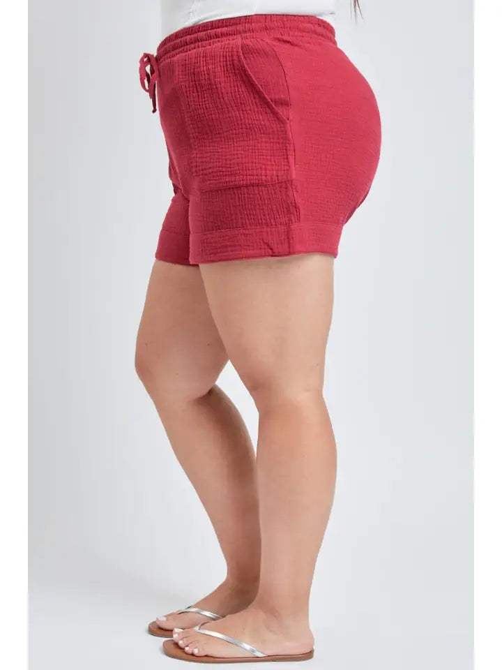 Garnet Double Gauze Drawstring Banded Hem Shorts