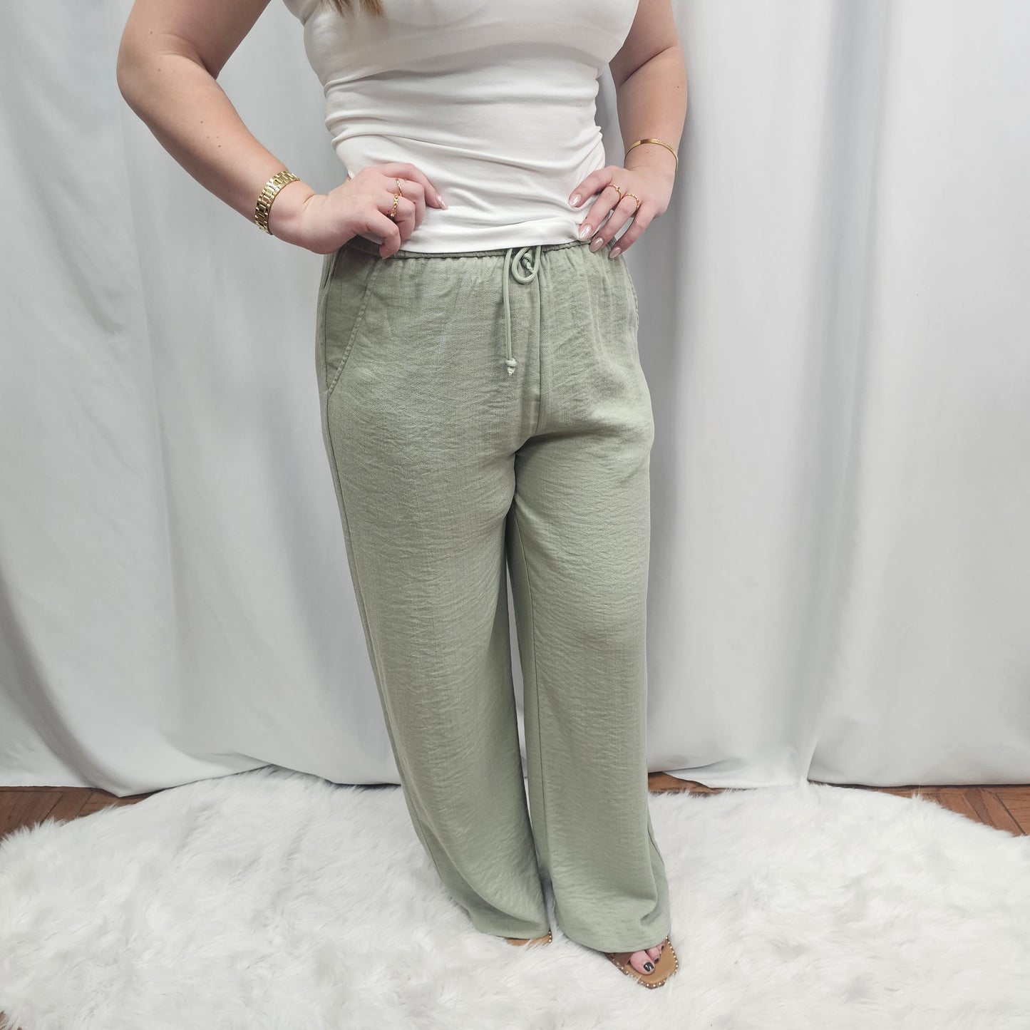 Halara High Waisted Drawstring Wide Leg Linen-Feel Pants