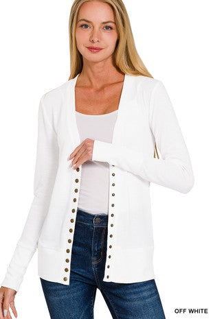 Snap Button Sweater Cardigan With Ribbed Detail