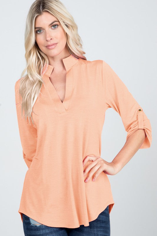 Roll-up Button Sleeve Collar Solid Top