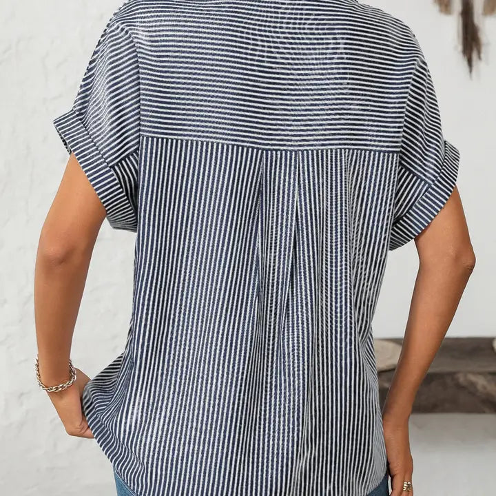 Button Down Short Sleeve Lapel Striped Casual Shirt