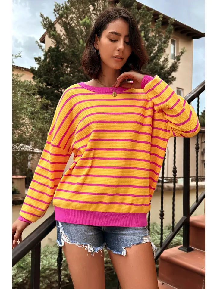 Stripe Round Neck Drop Shoulder Sweater
