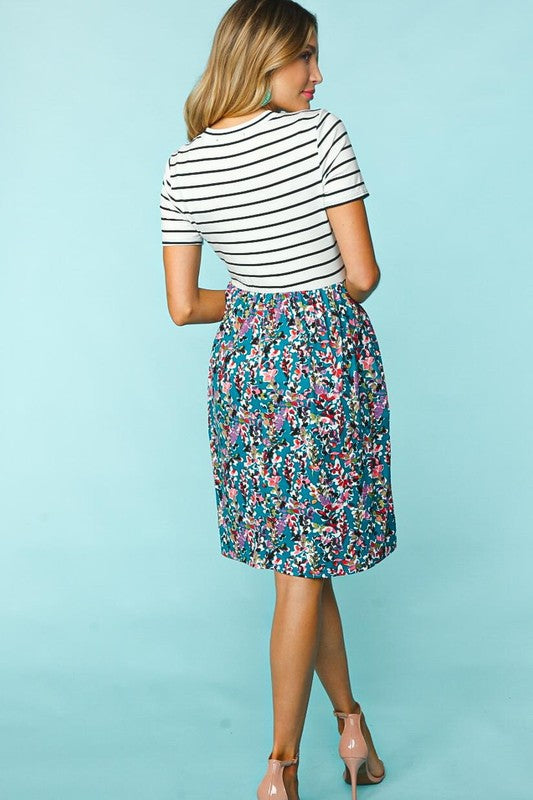 STRIPE TWOFER MIDI FLORAL PRINT DRESS
