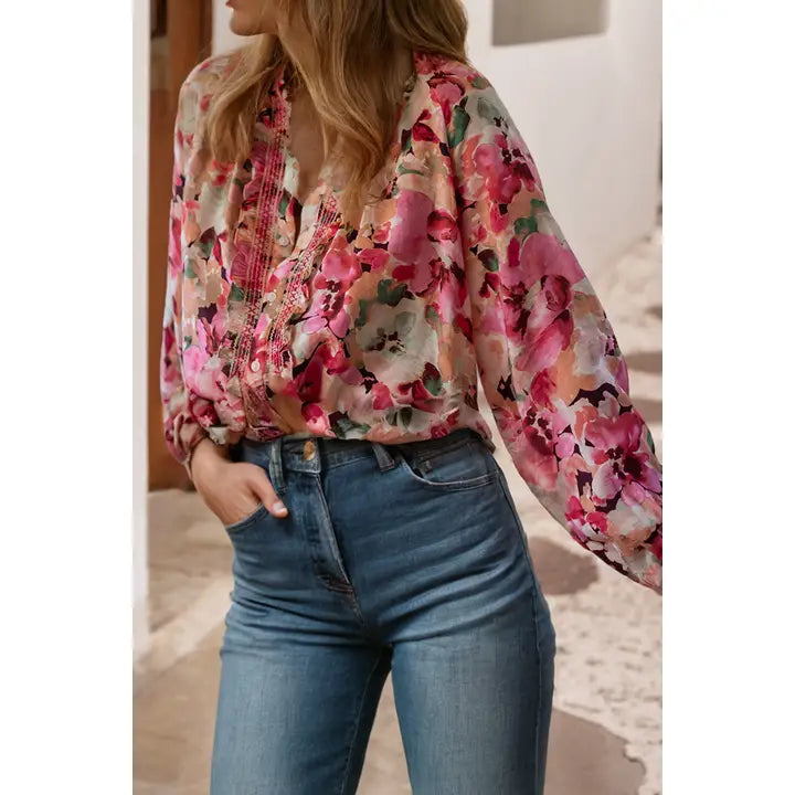 Floral Ruffled Stitch Buttoned Blouse