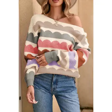 Wave Striped Balloon Sleeve Drop Shoulder Sweater