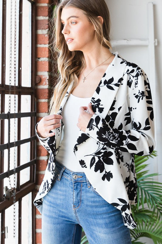 Black/White Floral Open Blazer