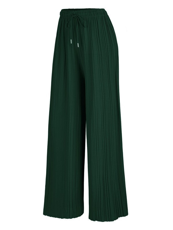 Pleated Wide Leg Palazzo Pants with Drawstring
