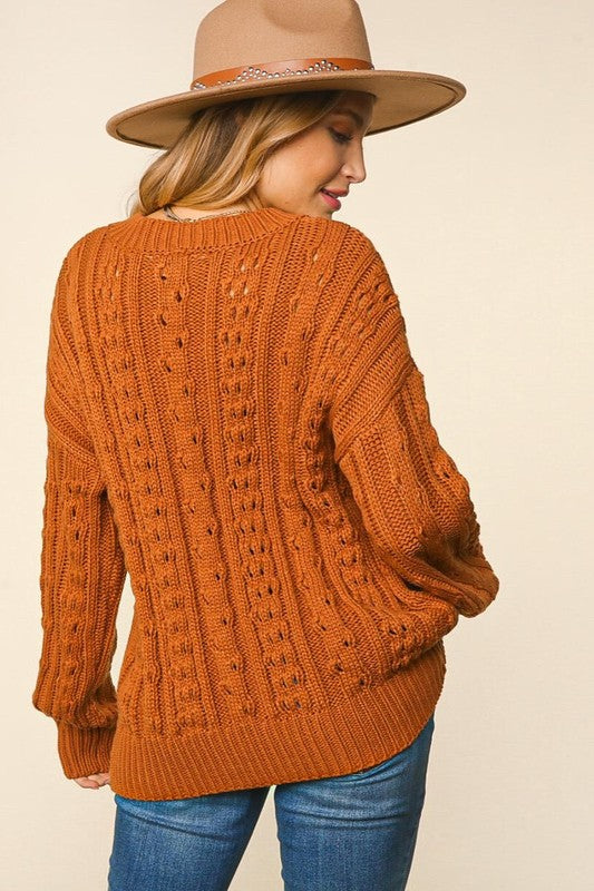 Notched Neck Cable Knit Loose Fit Sweater