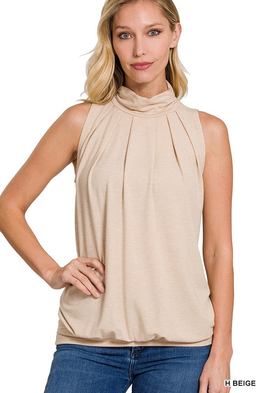 High Neck Pleated Sleeveless Top