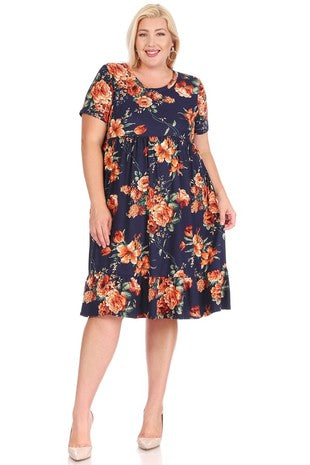 Navy Floral Short Sleeve Midi Dress