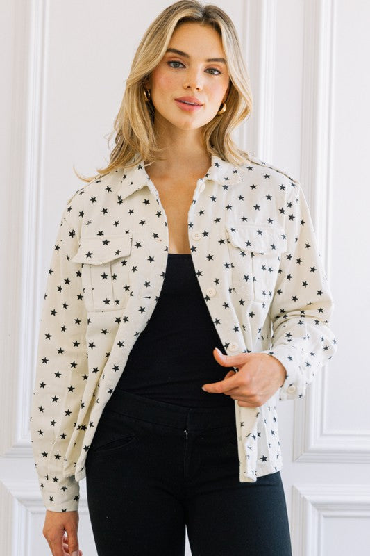Washed Star Print Button Down Jacket