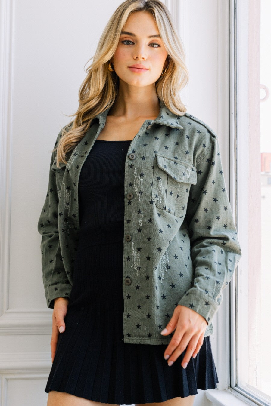 Washed Star Print Button Down Jacket