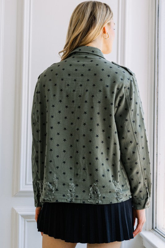 Washed Star Print Button Down Jacket