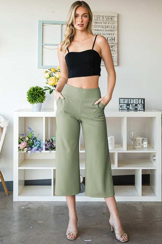 Wide Waistband Solid Culottes Pants with Pockets
