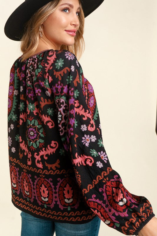 Peasant Keyhole Tie String Bubble Sleeve Top