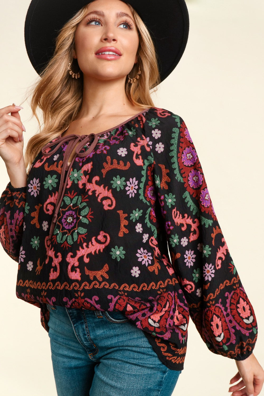Peasant Keyhole Tie String Bubble Sleeve Top