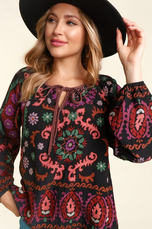 Peasant Keyhole Tie String Bubble Sleeve Top