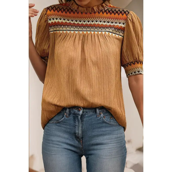 Geometric Short Puff Sleeve Frilled Collar Blouse