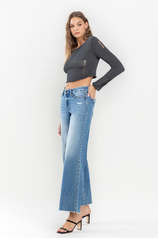Mid Rise Clean Cut Raw Hem Wide Jeans