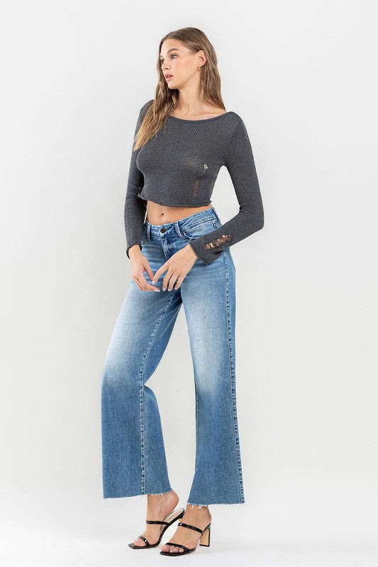 Mid Rise Clean Cut Raw Hem Wide Jeans