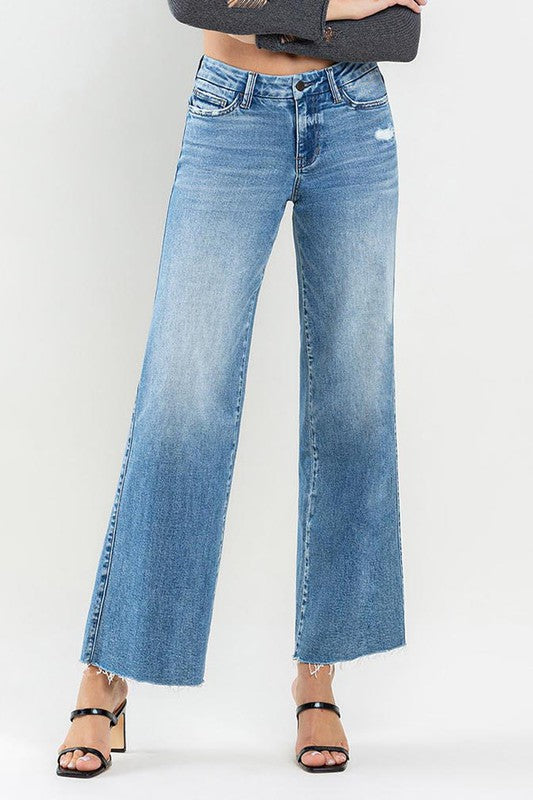 Mid Rise Clean Cut Raw Hem Wide Jeans