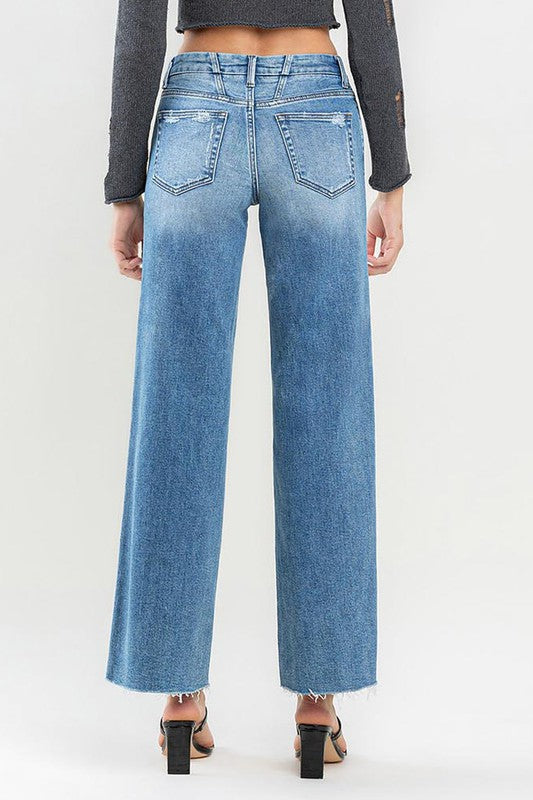Mid Rise Clean Cut Raw Hem Wide Jeans