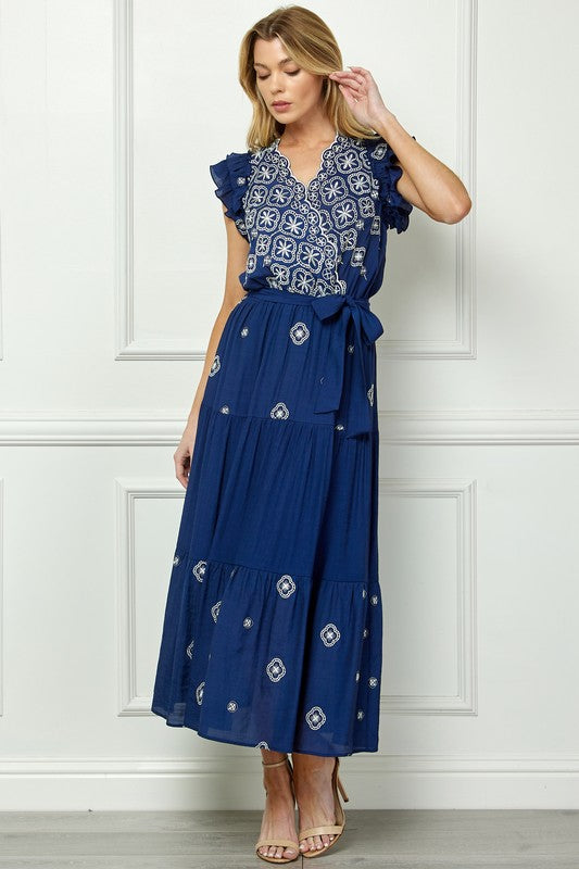 Embroidered Peasant Dress With Lining