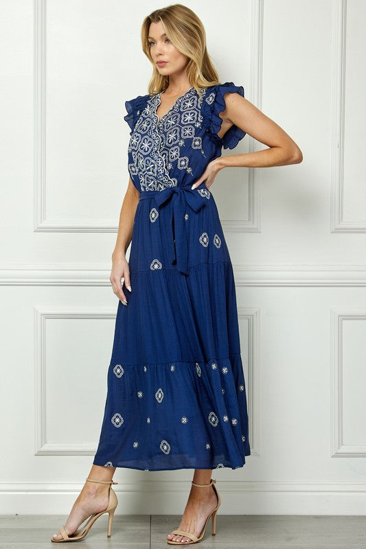 Embroidered Peasant Dress With Lining