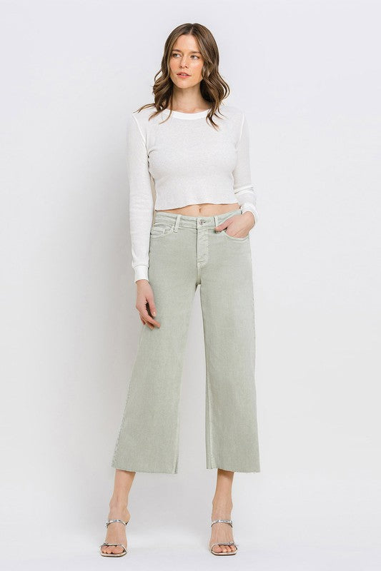 HIGH RISE CLEAN CUT RAW HEM CROP WIDE LEG JEANS
