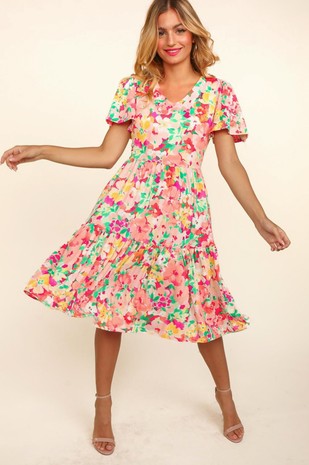 Fit and Flare Tiered Floral Midi Dress