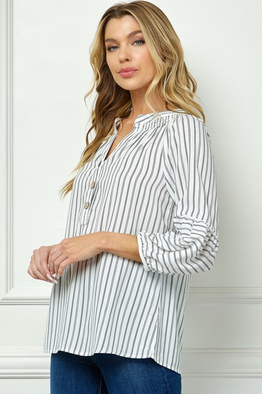 Mandarin Collar Smocked Detail Stripe Blouse
