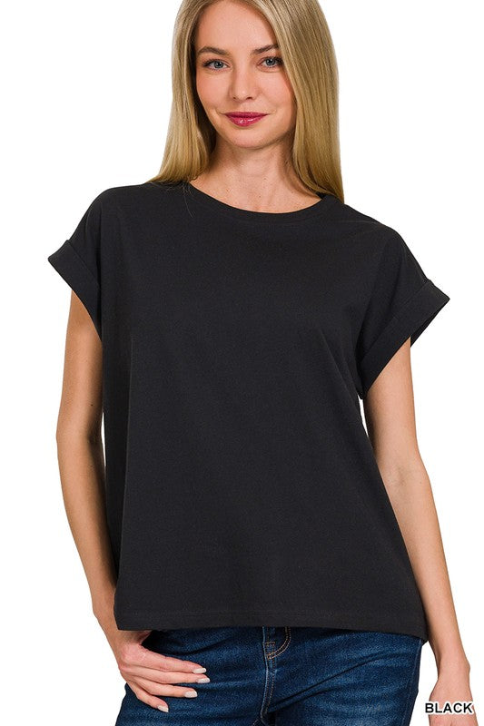 Round Neck Folded Short Sleeve T-shirt