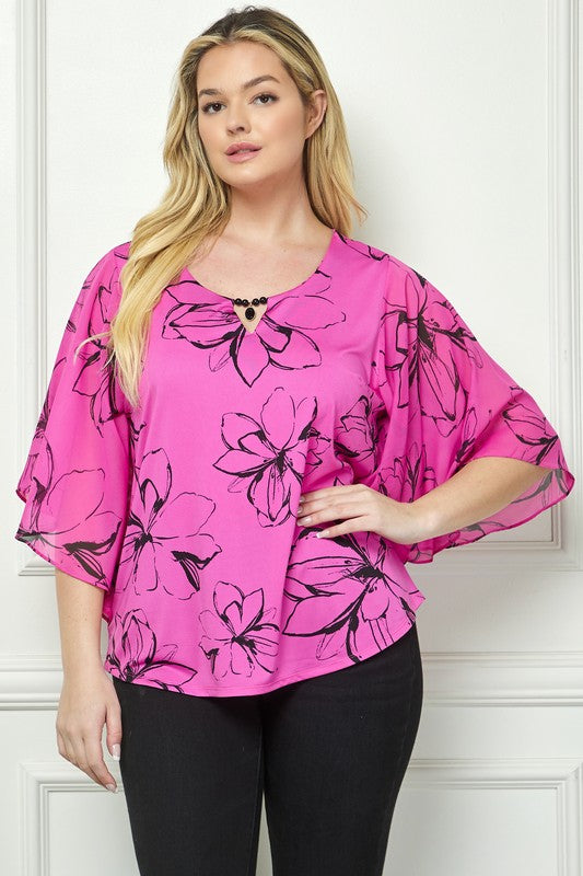 Floral Printed Bat Wing Sleeve Blouse