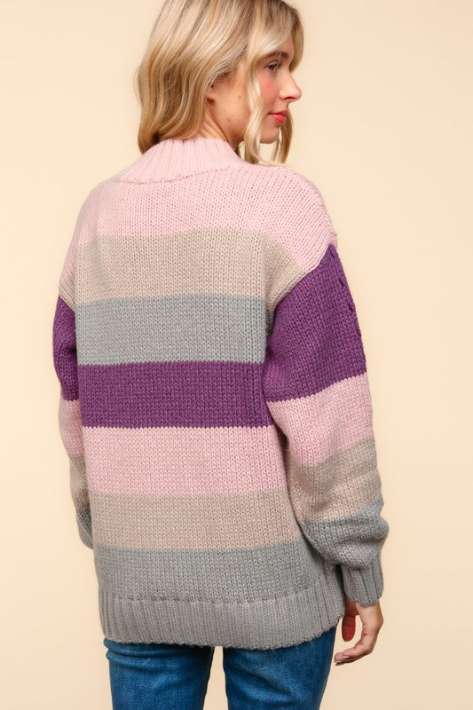 Mock Neck Stripe Cable Sweater