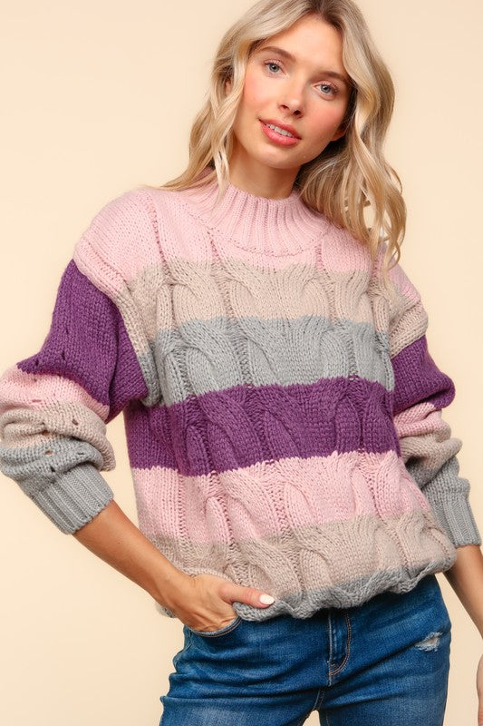 Mock Neck Stripe Cable Sweater