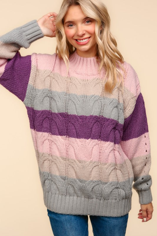 Mock Neck Stripe Cable Sweater