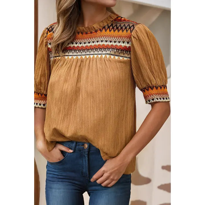 Geometric Short Puff Sleeve Frilled Collar Blouse