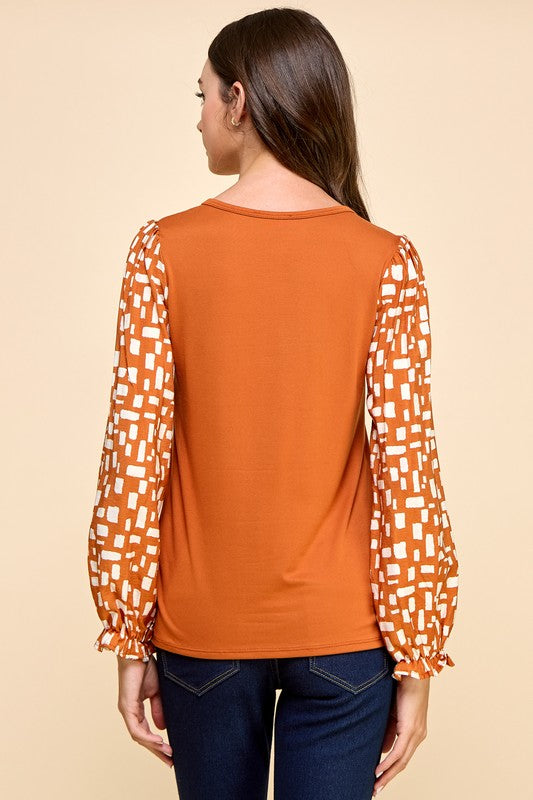 V Neck Solid Top With Geometric Printed Sleeves