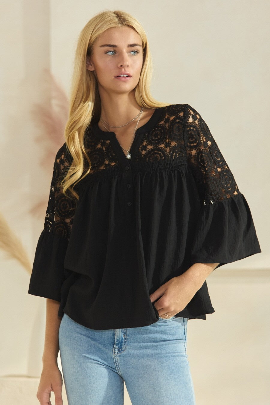 Solid Airflow Lace Trimmed Bell Sleeve Blouse