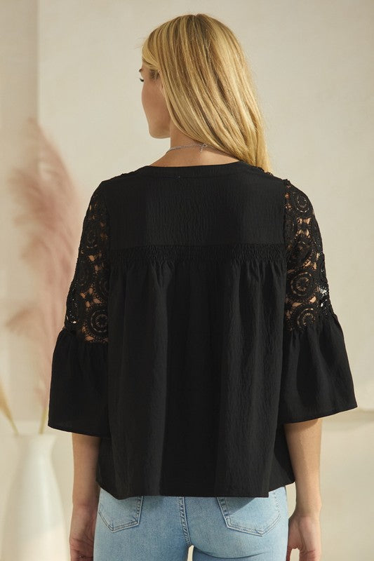 Solid Airflow Lace Trimmed Bell Sleeve Blouse
