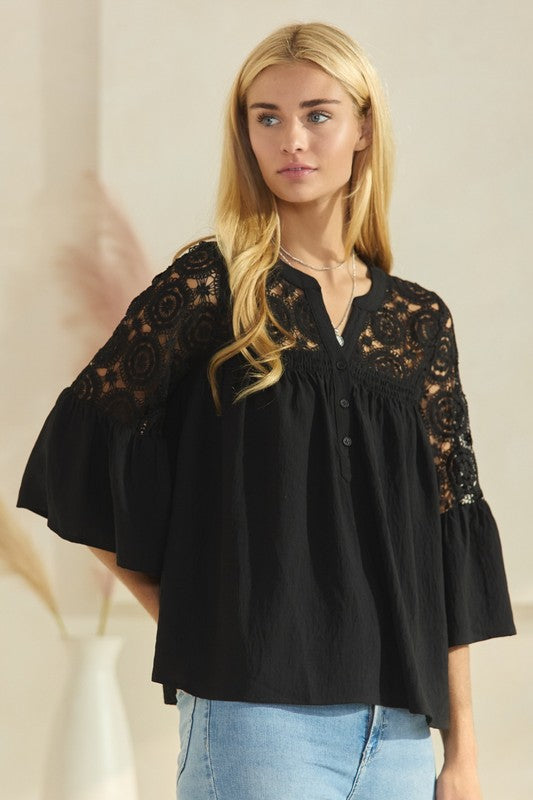 Solid Airflow Lace Trimmed Bell Sleeve Blouse