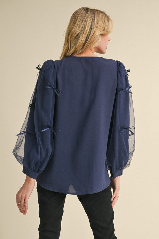 Mesh Bow Textured Layer Sleeves Top