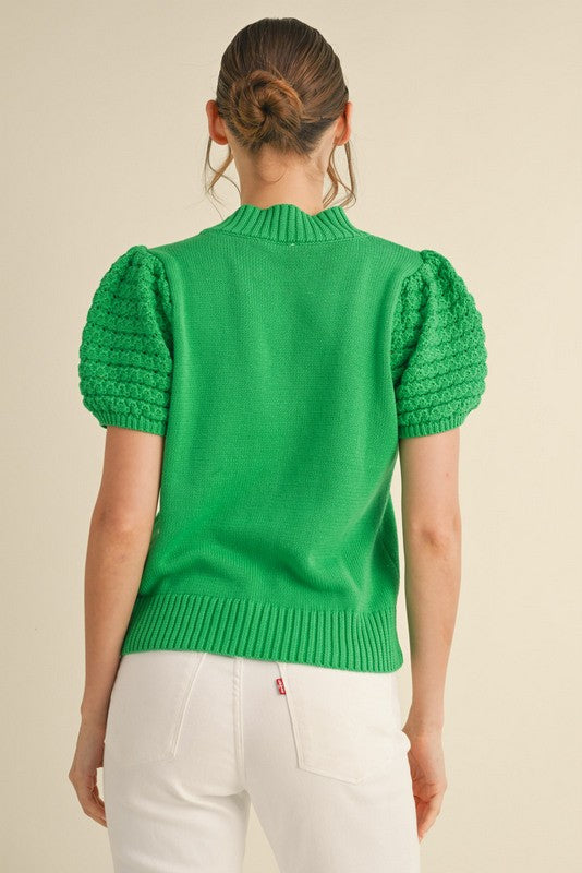 Knit Puffed Sleeves Knit Top with Crochet
